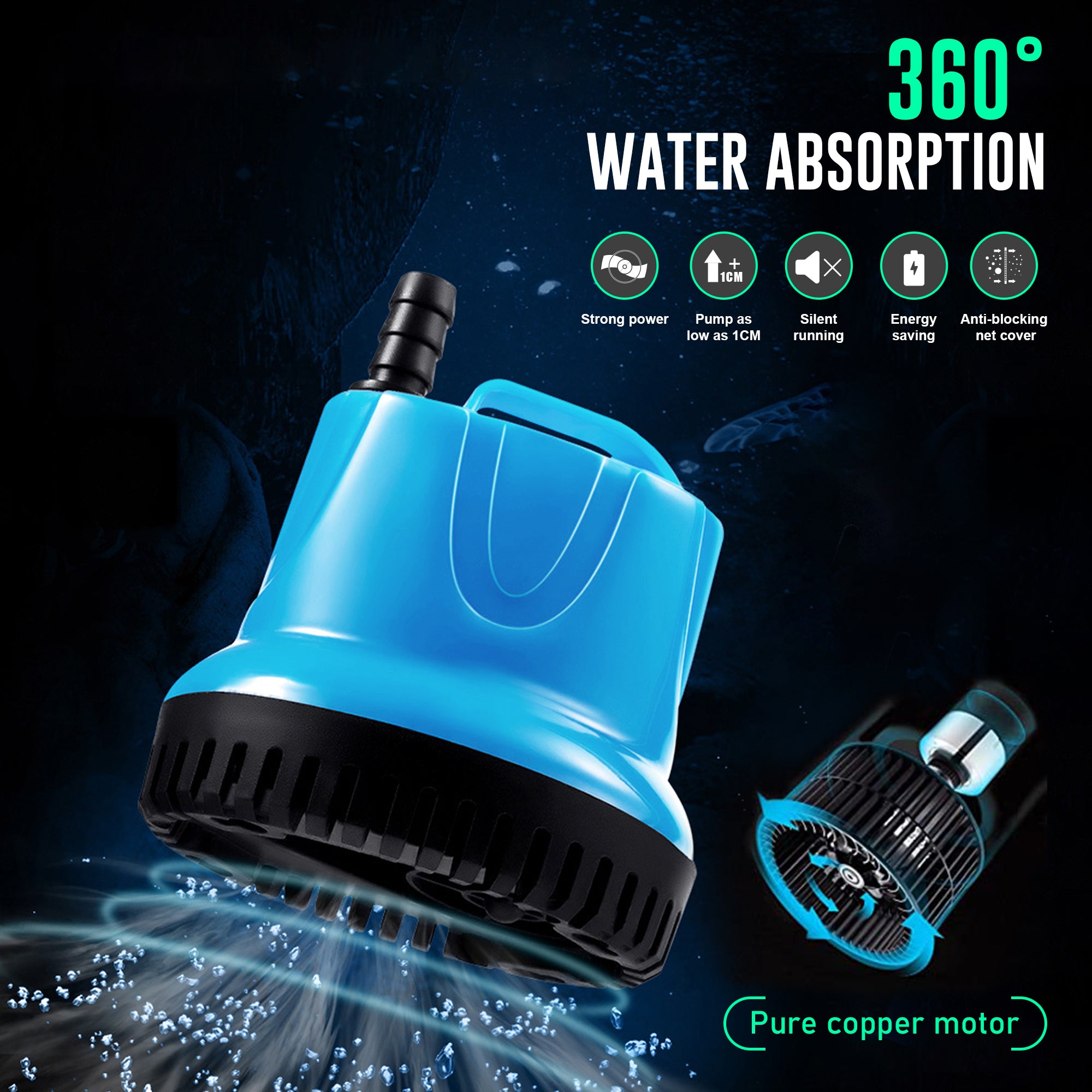 Aqua Dream 158 GPH Bottom Suction Submersible Water Pump - 9W Energy Efficient, Low-Suction