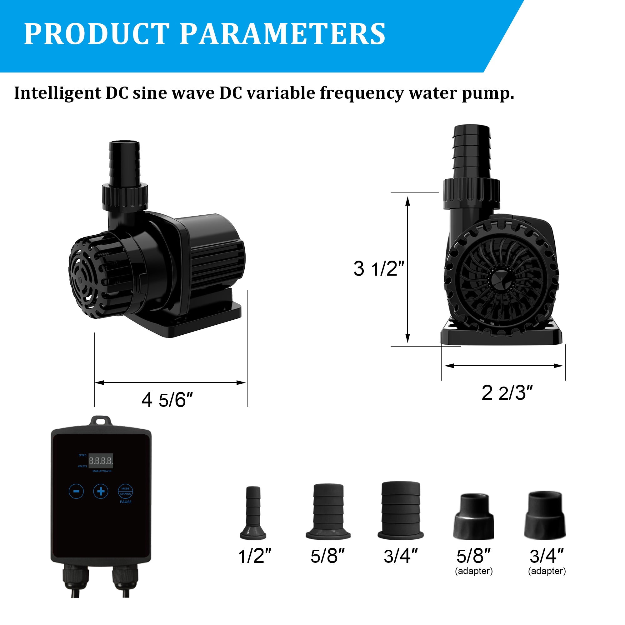 Aqua Dream 396 GPH External & Submersible Water Pump 12W Variable Frequency with External Controller