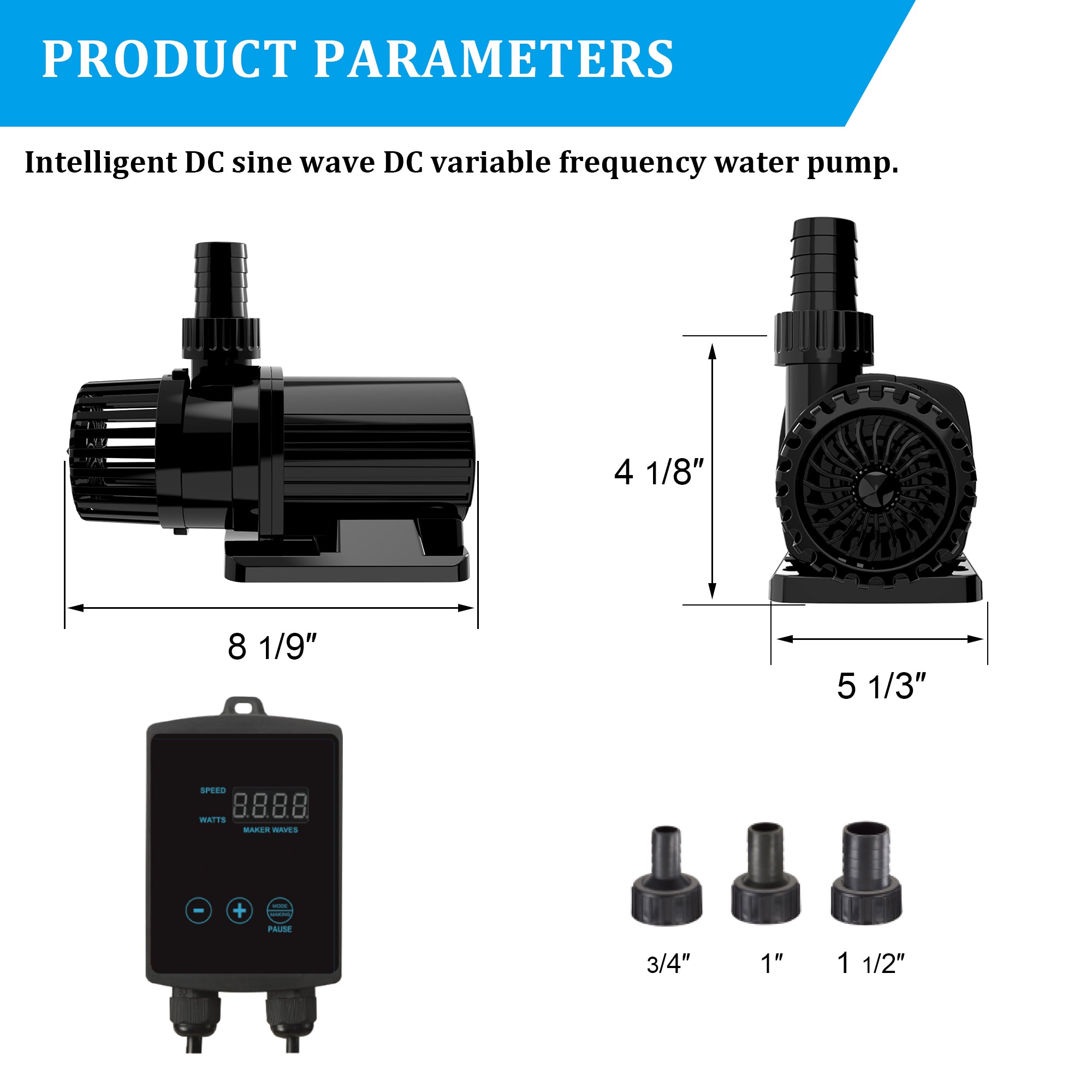 Aqua Dream 3435 GPH External & Submersible Water Pump 105W Variable Frequency with External Controller