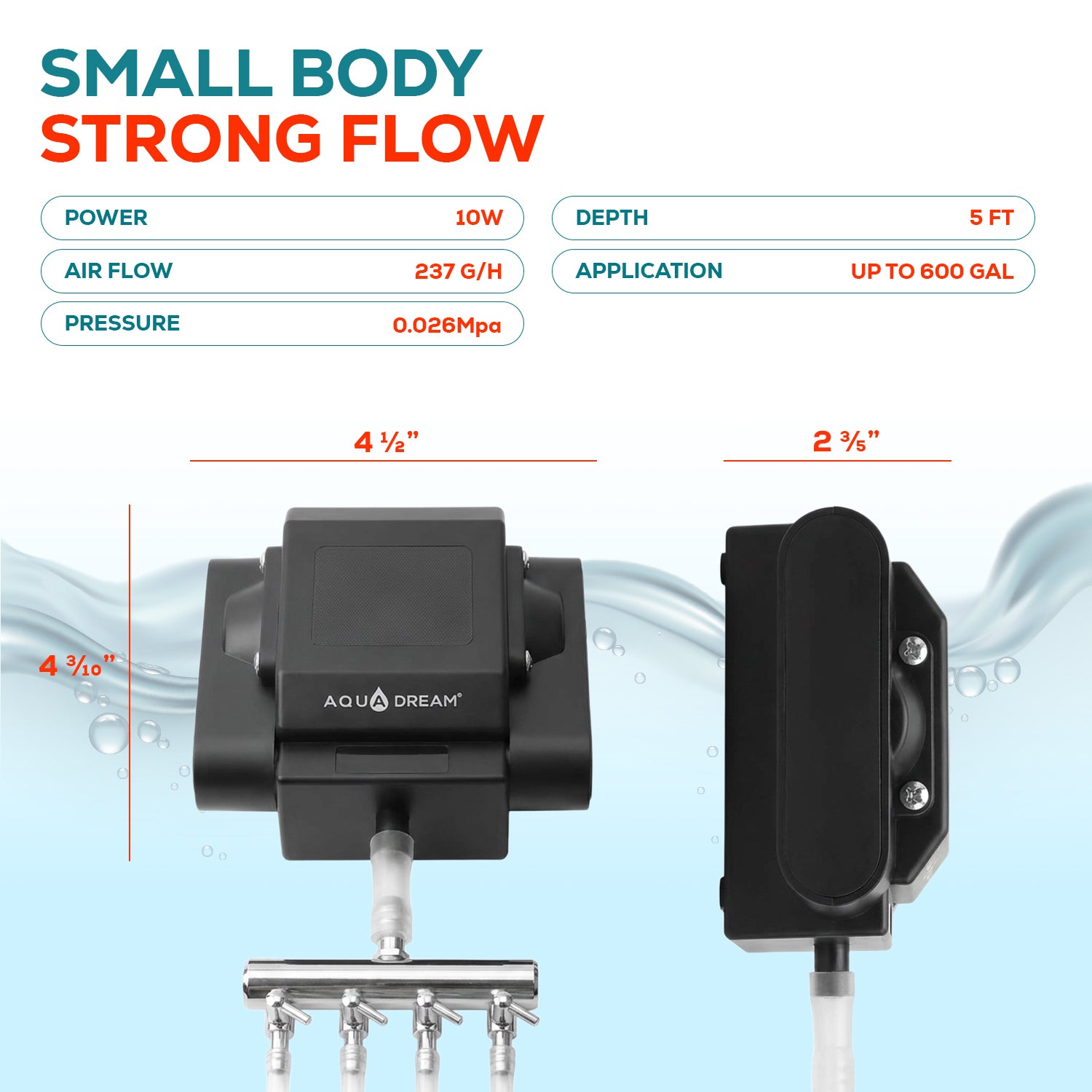 10W Oxygen Air Pump Output 4×59 GPH, 4-Outlet Adjustable Aerator Pump for Aquariums & Ponds up to 600 Gallons