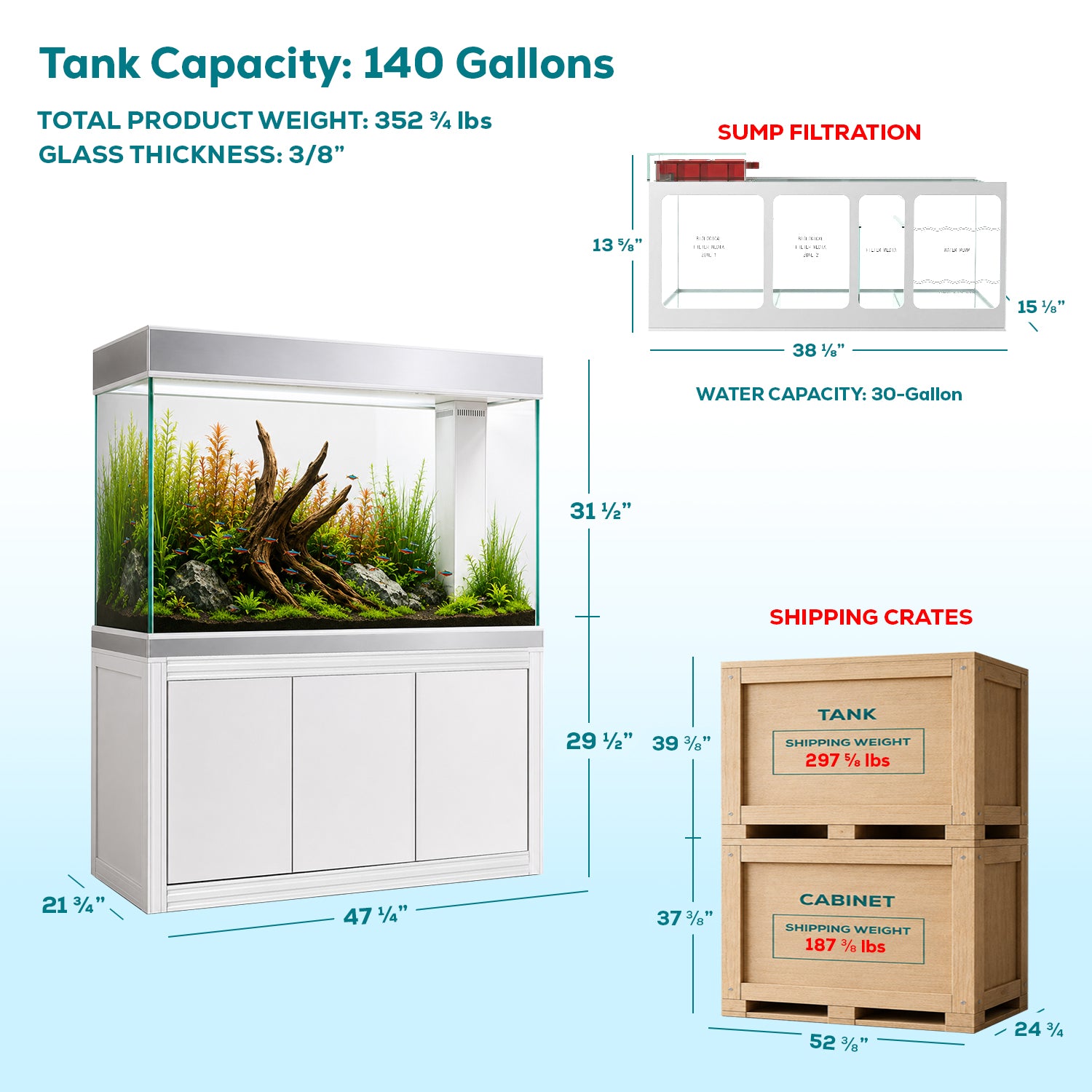 Aqua Dream 145 Gallon Tempered Glass Aquarium White and Silver with Premium Filtration System