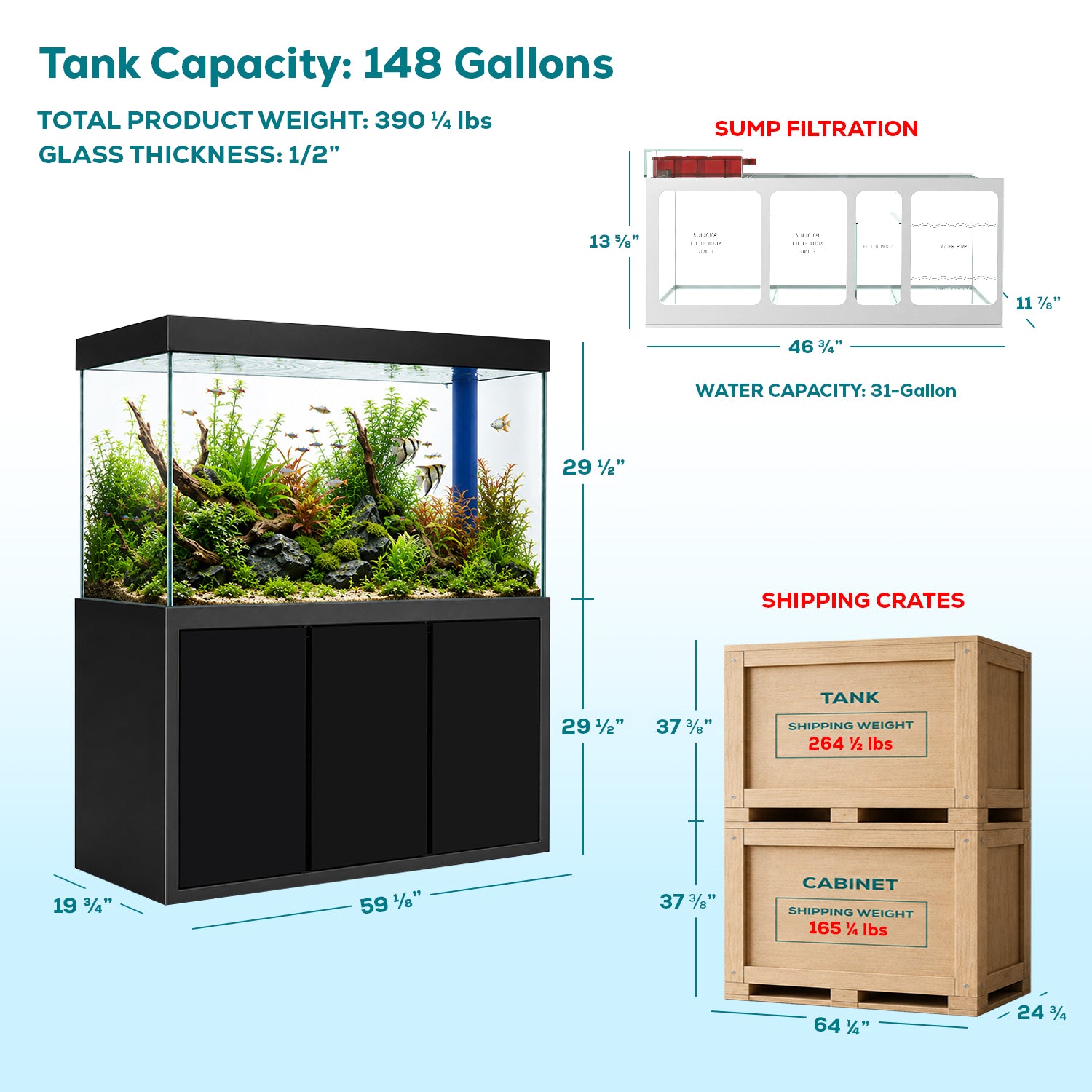 175 Gallon Aquarium with Cabinet | Large Glass Fish Tank
