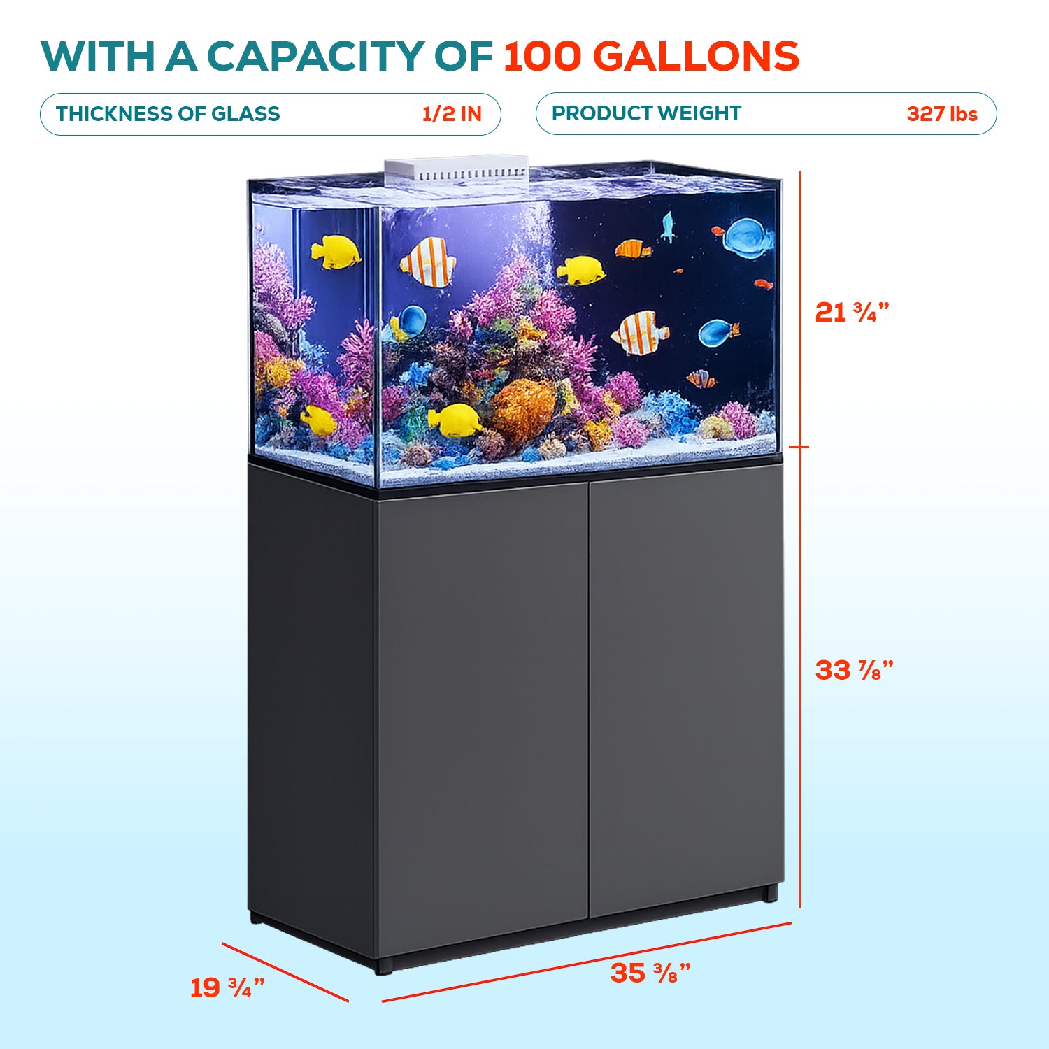 Aqua Dream black coral reef aquarium dimensions and capacity infographic