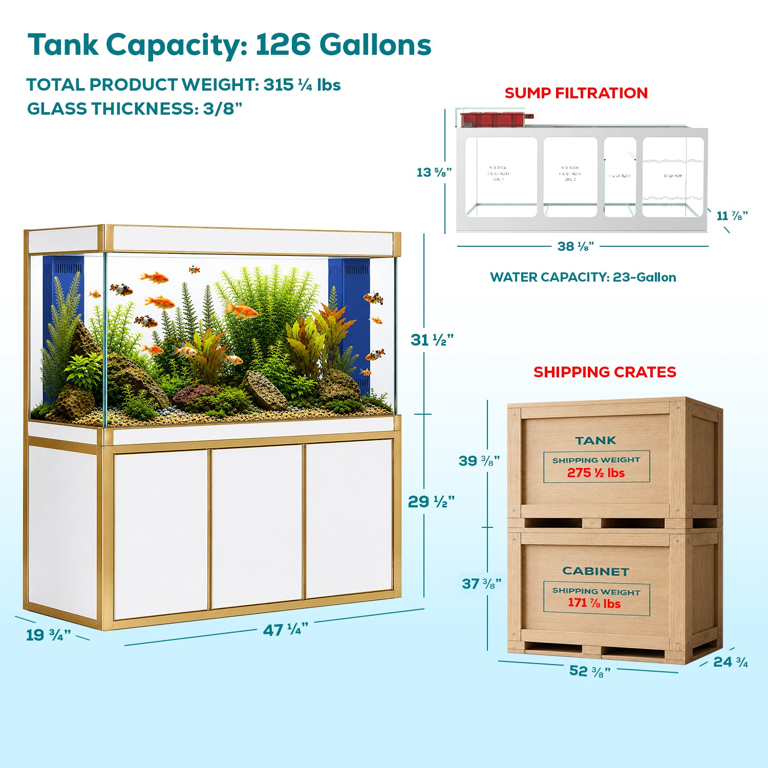 Aqua Dream 135 Gallon Tempered Glass Aquarium White and Gold