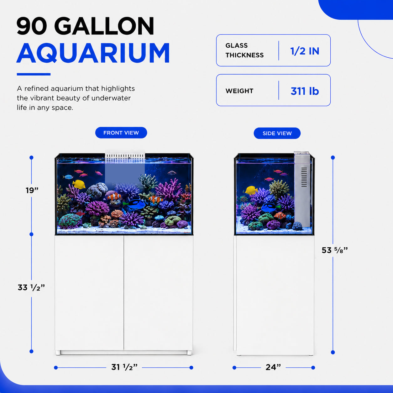 100 Gallon Coral Reef Aquarium Ultra Clear Glass Tank & Built in Sump White
