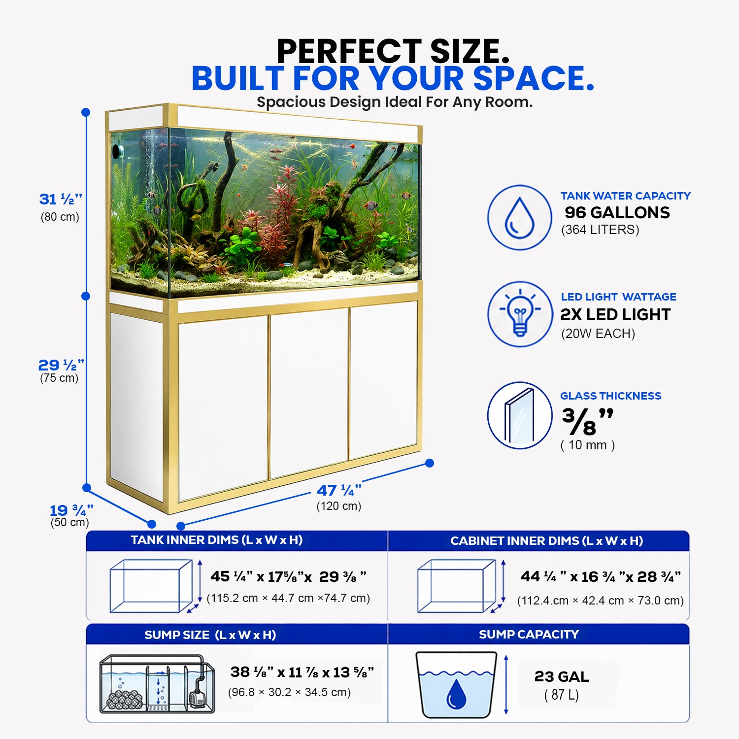 Aqua Dream 135 Gallon Tempered Glass Aquarium White and Gold