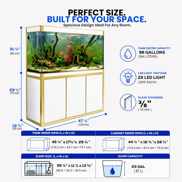 Aqua Dream 135 Gallon Tempered Glass Aquarium White and Gold