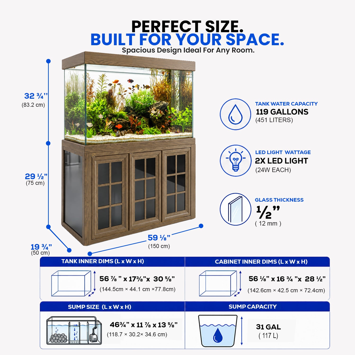 Large 200 gallon glass fish tank with cabinet