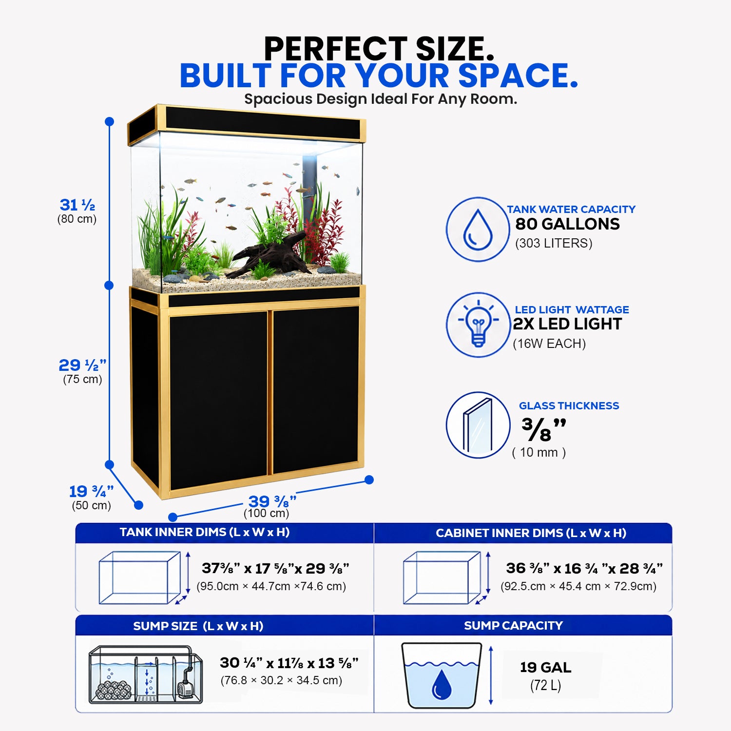 Aqua Dream 100 Gallon Tempered Glass Aquarium Black and Gold