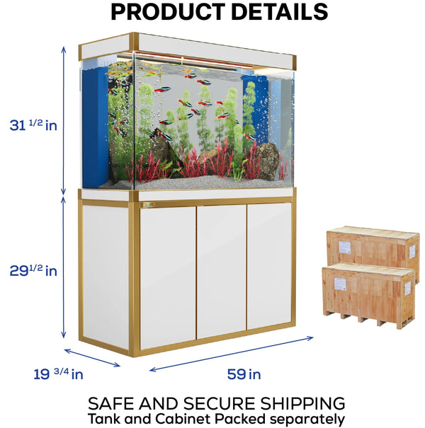 Acuario de vidrio templado Aqua Dream de 175 galones, blanco y dorado