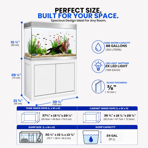 Aqua Dream 110 Gallon Tank Tempered Glass Aquarium White and Silver with Premium Filtration System