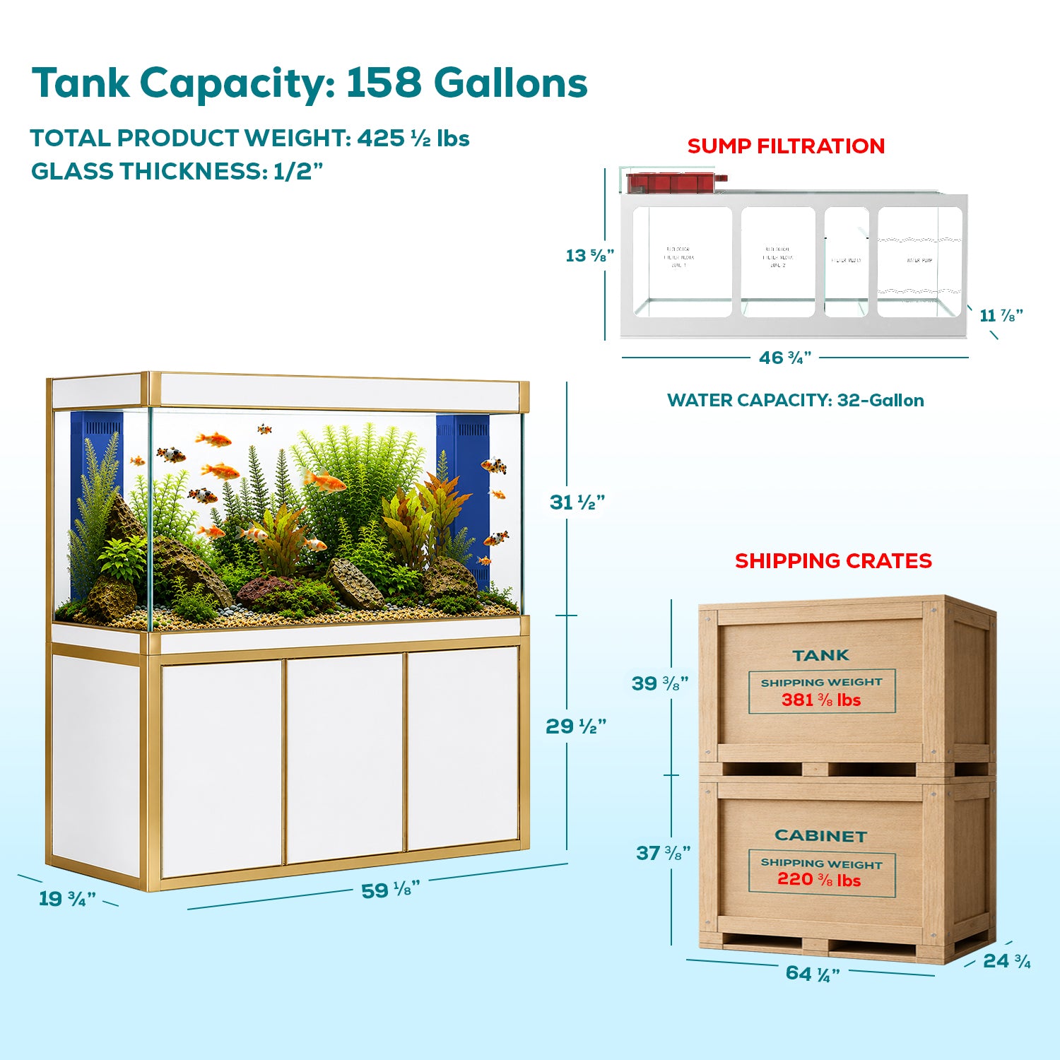 Aqua Dream 175 Gallon Tempered Glass Aquarium White and Gold