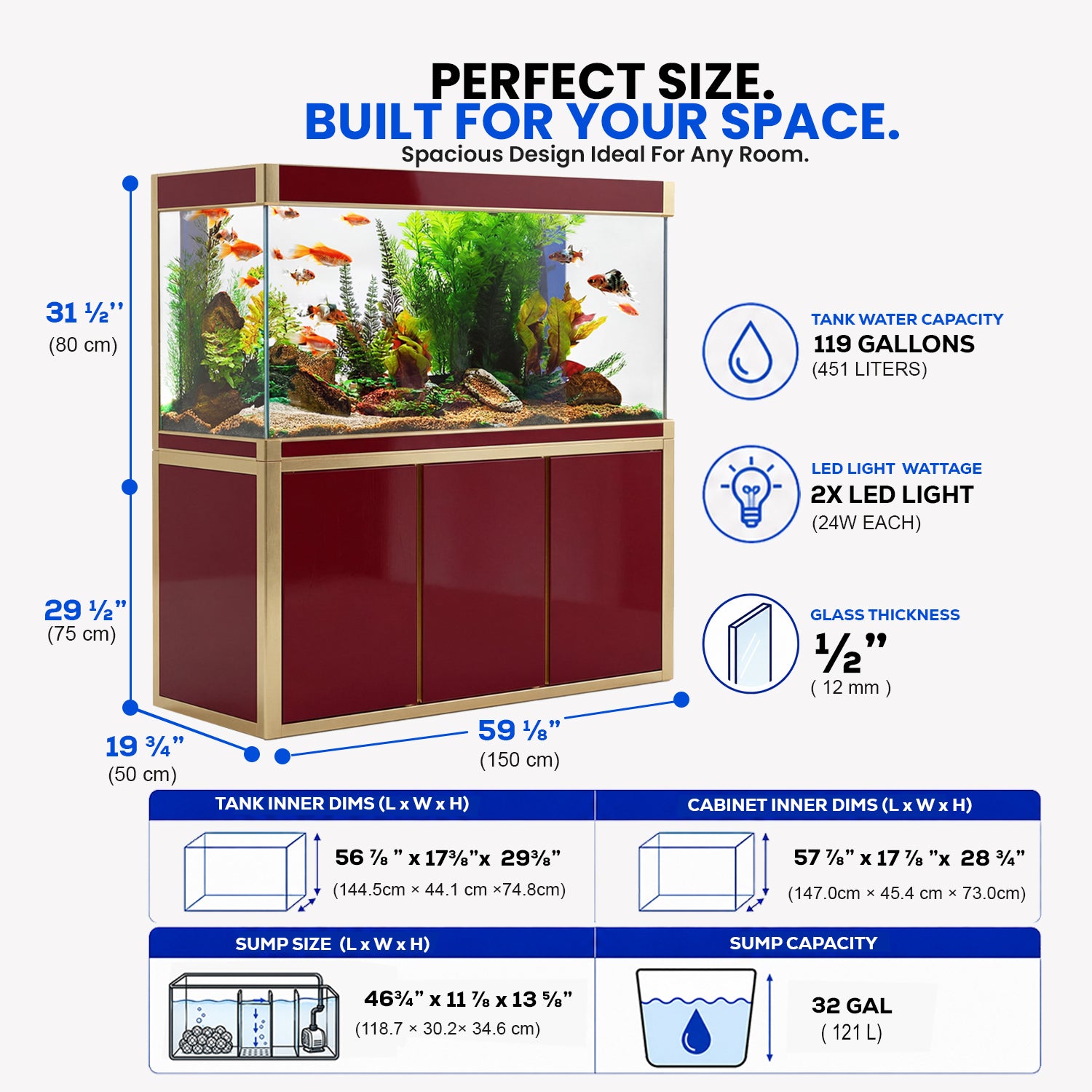Aqua Dream 175 Gallon Tempered Glass Aquarium Red and Gold