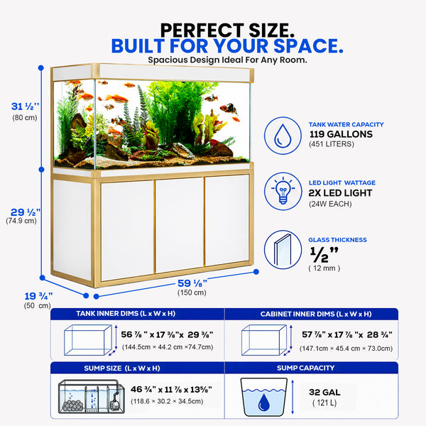 Aqua Dream 175 Gallon Tempered Glass Aquarium White and Gold