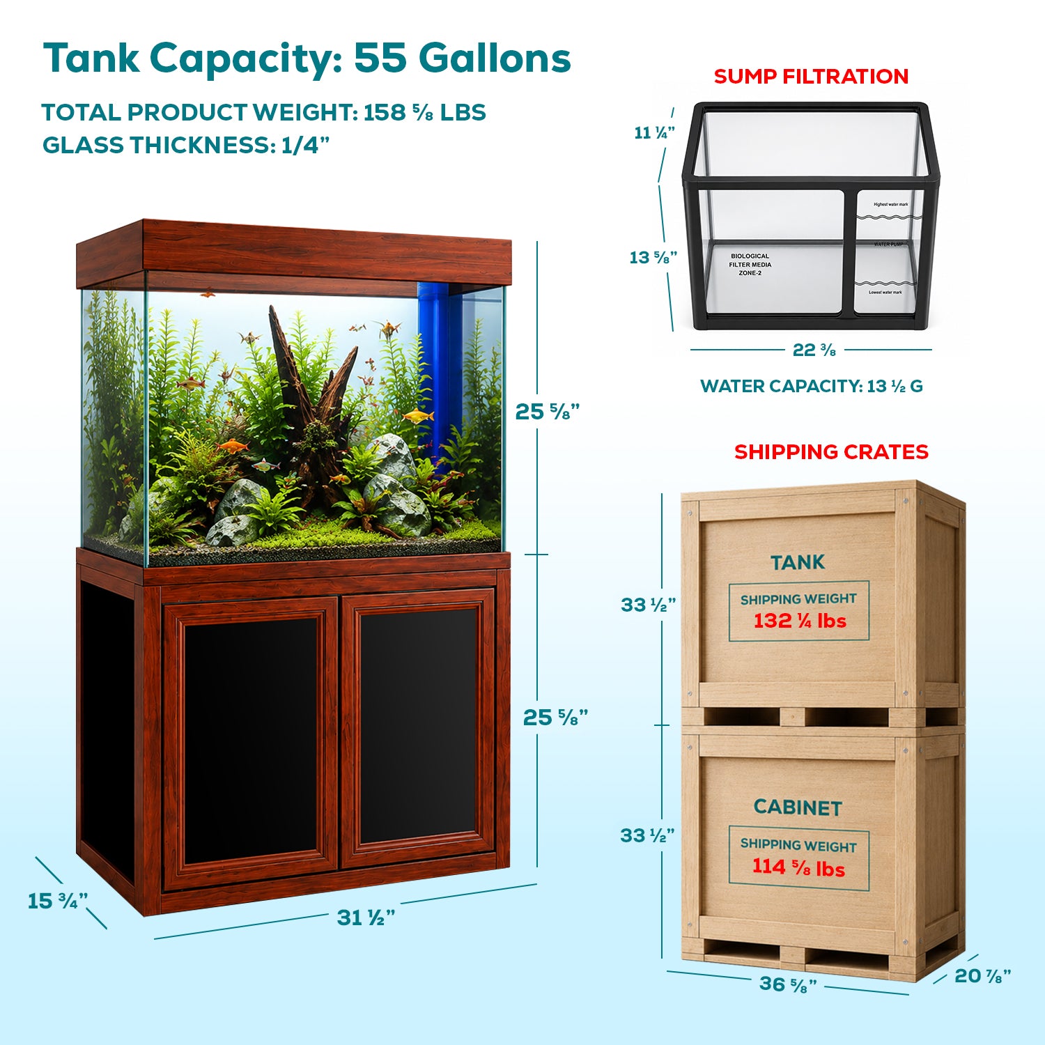 50 Gallon Aquarium with Cabinet Stand | Modern Glass Fish Tank - Redwood
