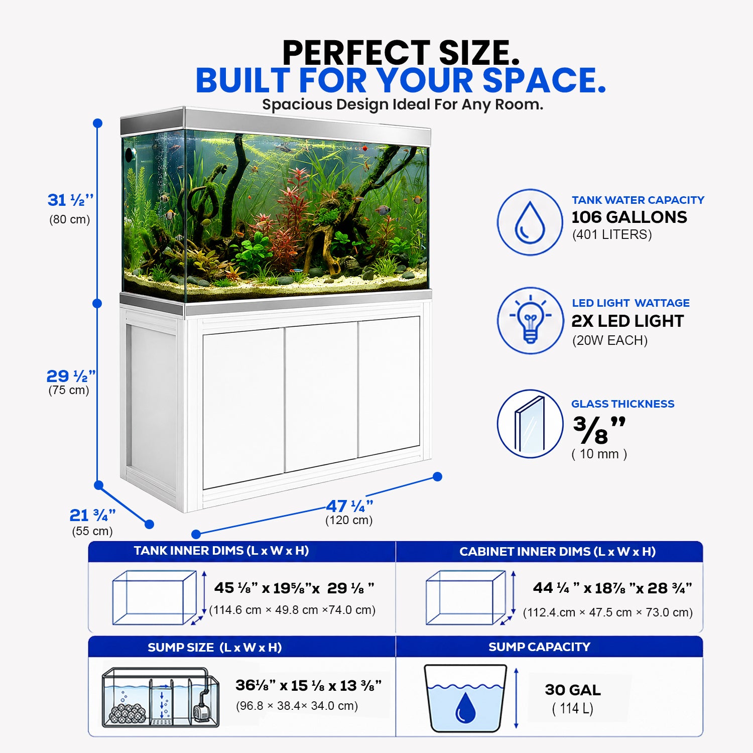 Aqua Dream 145 Gallon Tempered Glass Aquarium White and Silver with Premium Filtration System