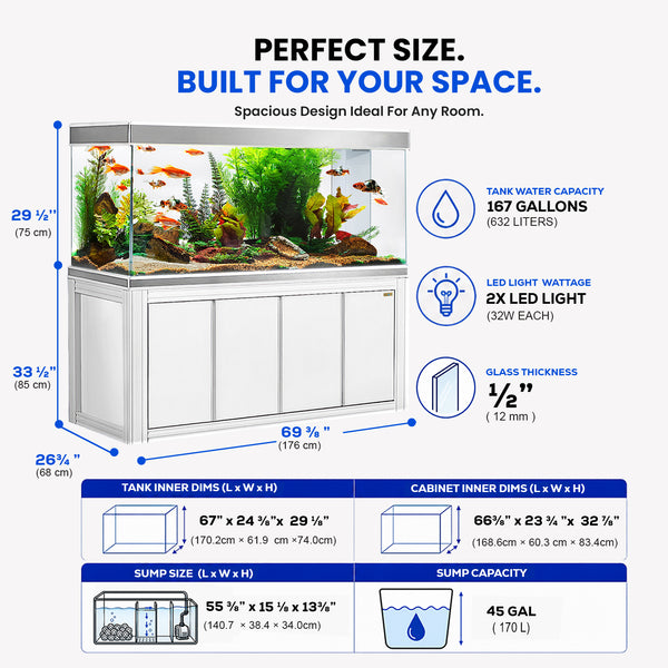 Aqua Dream 230 Gallon Tempered Glass Aquarium White and Silver with Premium Filtration System