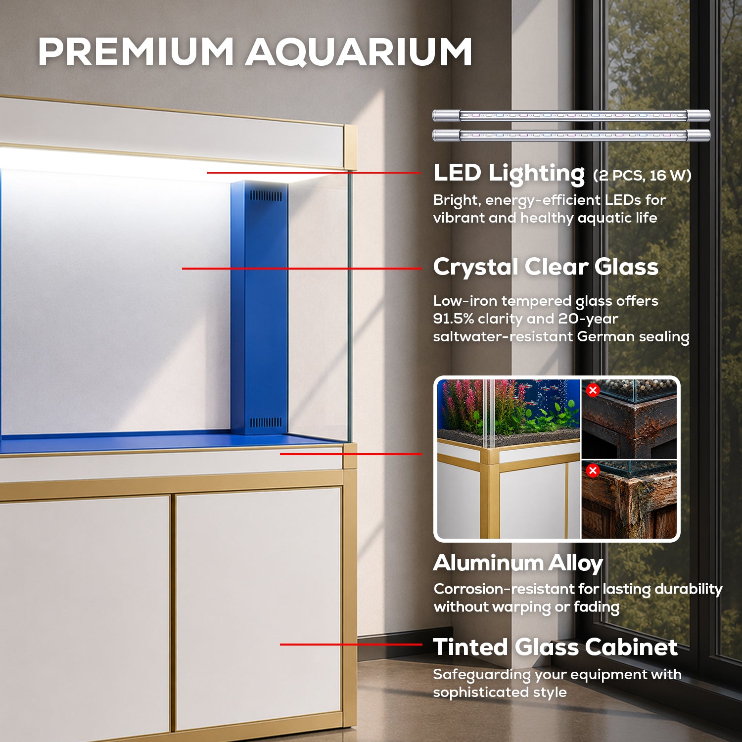 Acuario de 100 galones – Vidrio templado blanco y dorado 