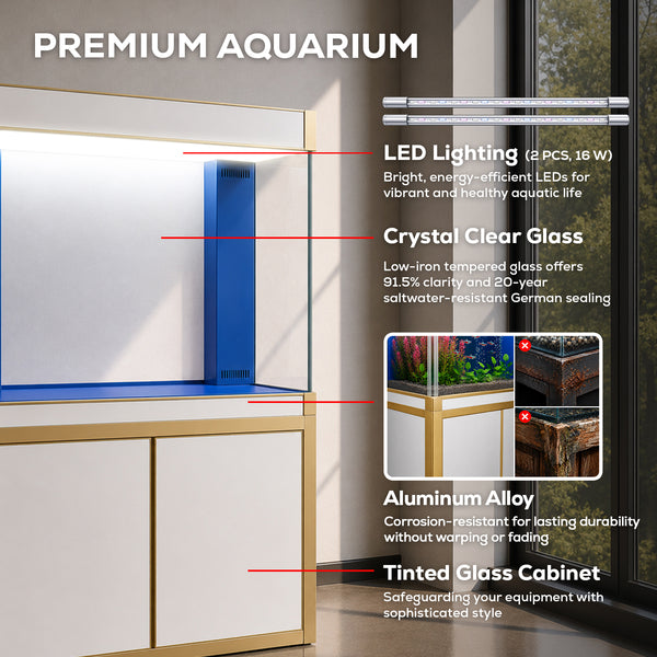 Acuario de 100 galones – Vidrio templado blanco y dorado 