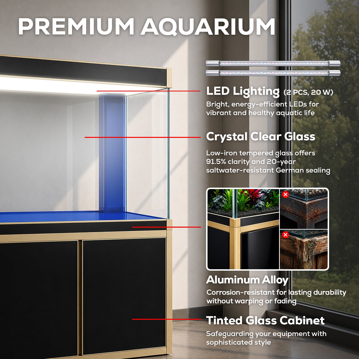Aqua Dream 135 Gallon Tempered Glass Aquarium Black With Gold