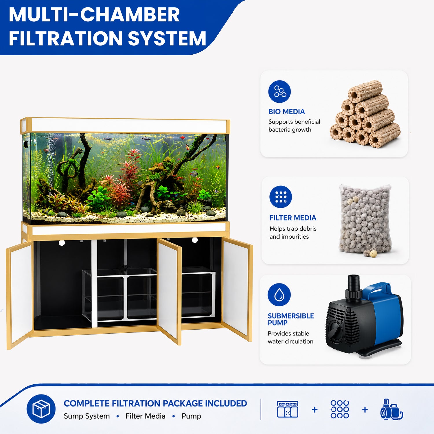 Aqua Dream 135 Gallon Tempered Glass Aquarium White and Gold