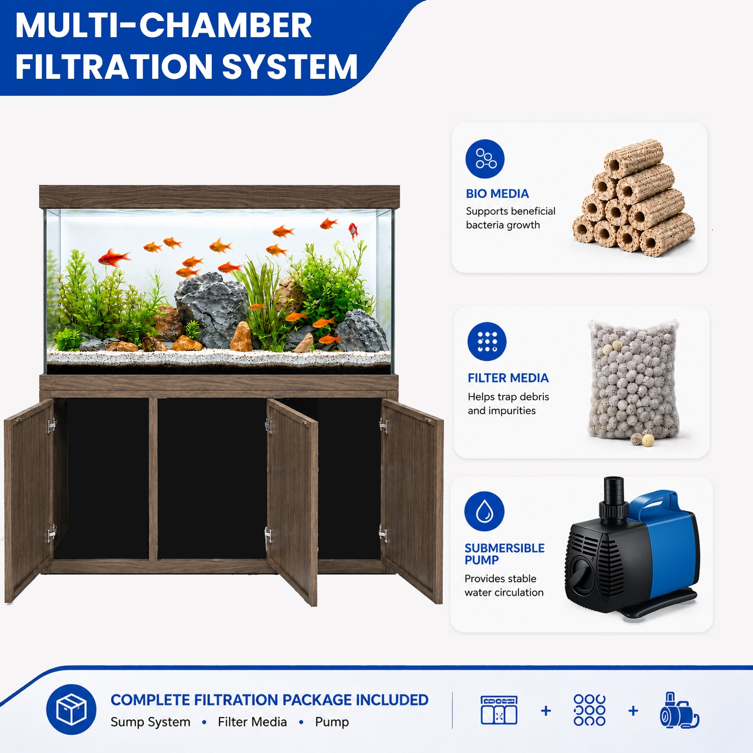 Large 200 gallon glass fish tank with cabinet