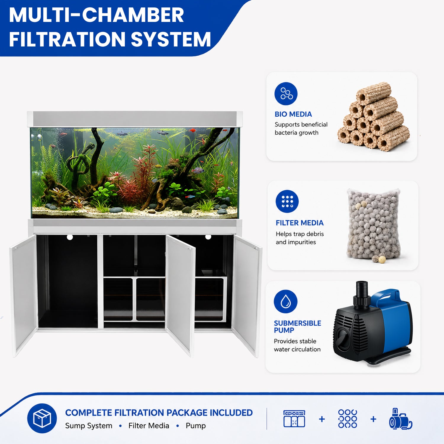 Aqua Dream 145 Gallon Tempered Glass Aquarium White and Silver with Premium Filtration System
