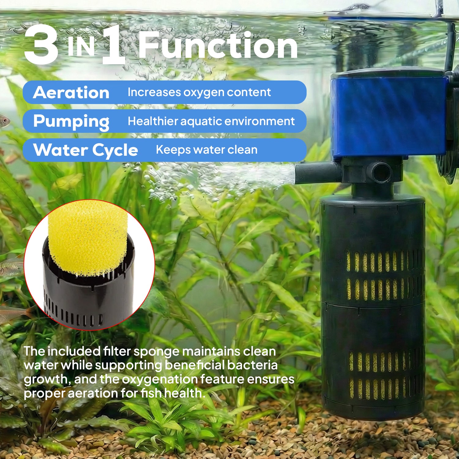 Aqua Dream 3合1水族箱内置过滤器水泵氧气泵 320加仑/小时