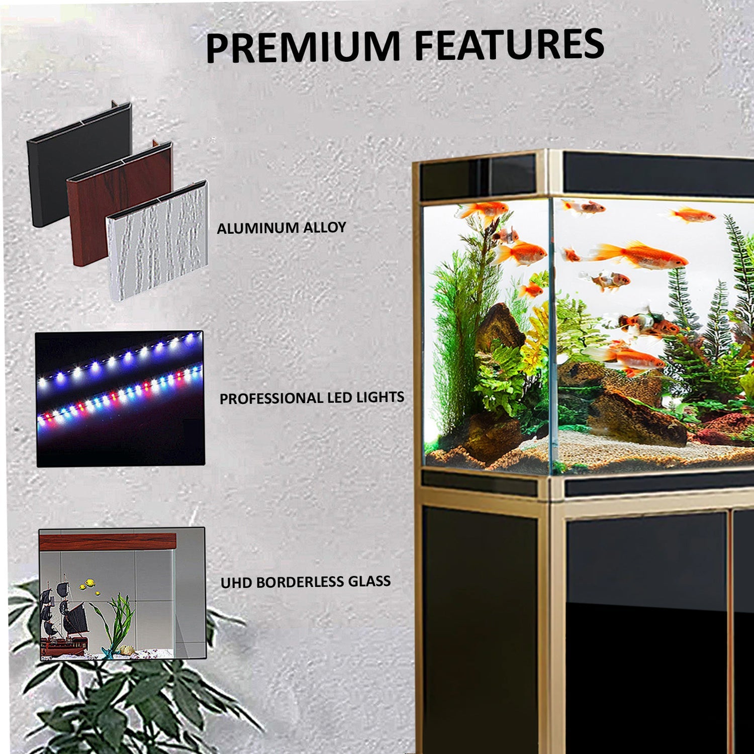 Acuario Aqua Dream Fish Tank de 220 galones de vidrio templado negro y dorado