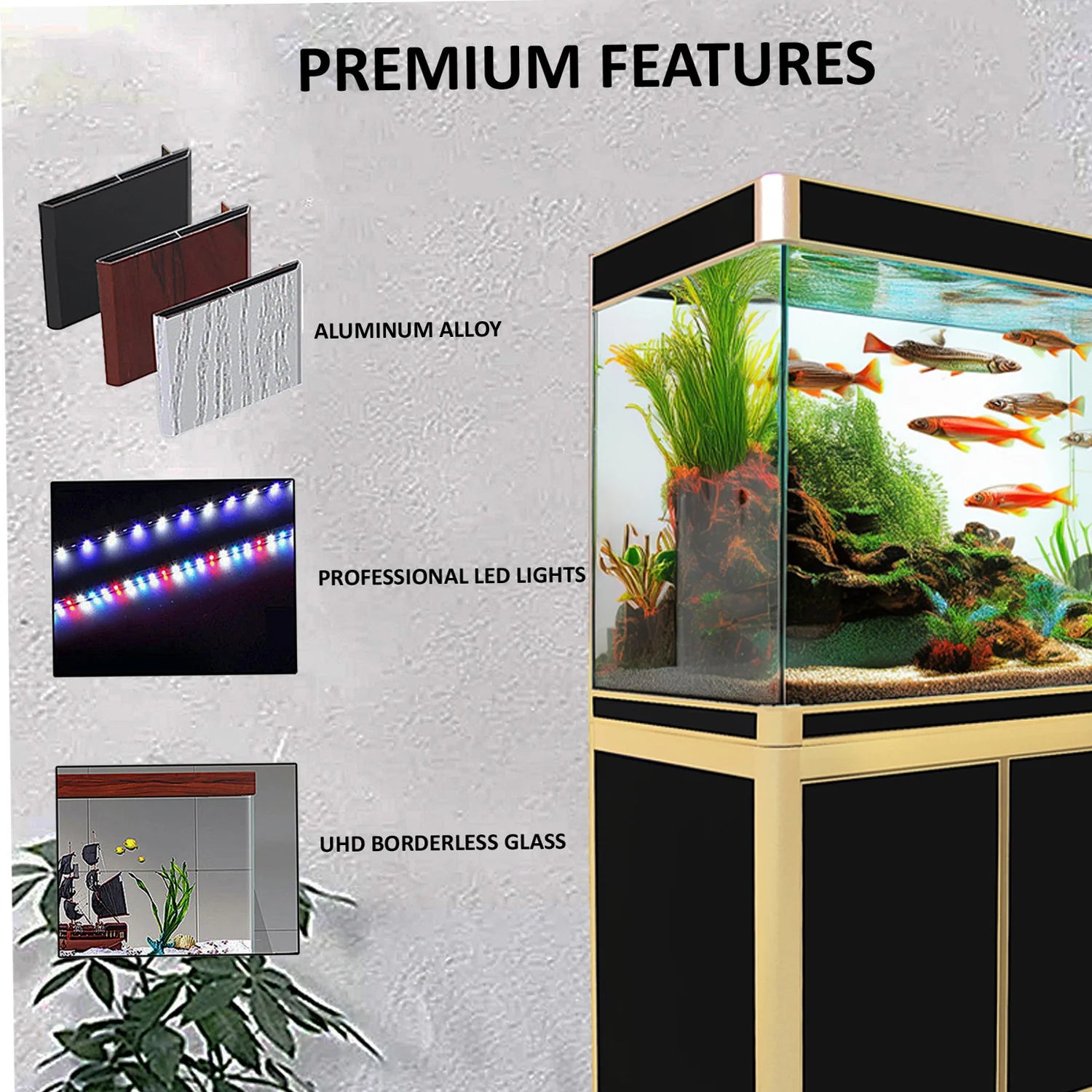 Acuario Aqua Dream de vidrio templado de 400 galones, color negro y dorado - Actualizado