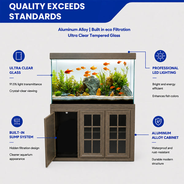 Large 200 gallon glass fish tank with cabinet