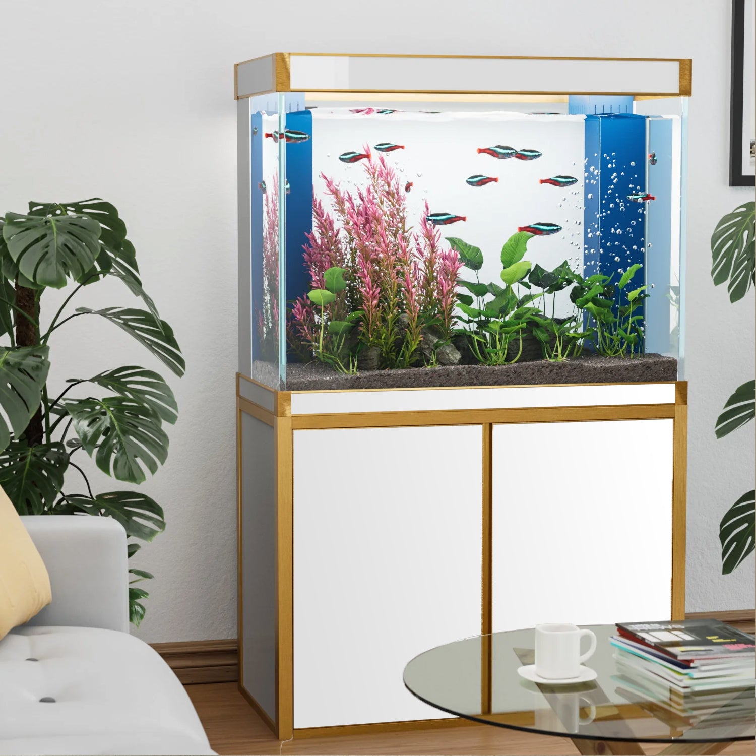 Acuario de 100 galones – Vidrio templado blanco y dorado 