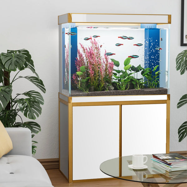 Acuario de 100 galones – Vidrio templado blanco y dorado 