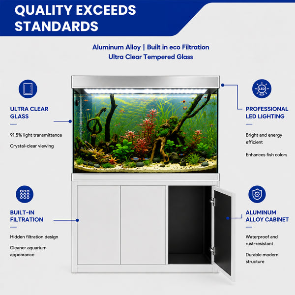 Aqua Dream 145 Gallon Tempered Glass Aquarium White and Silver with Premium Filtration System
