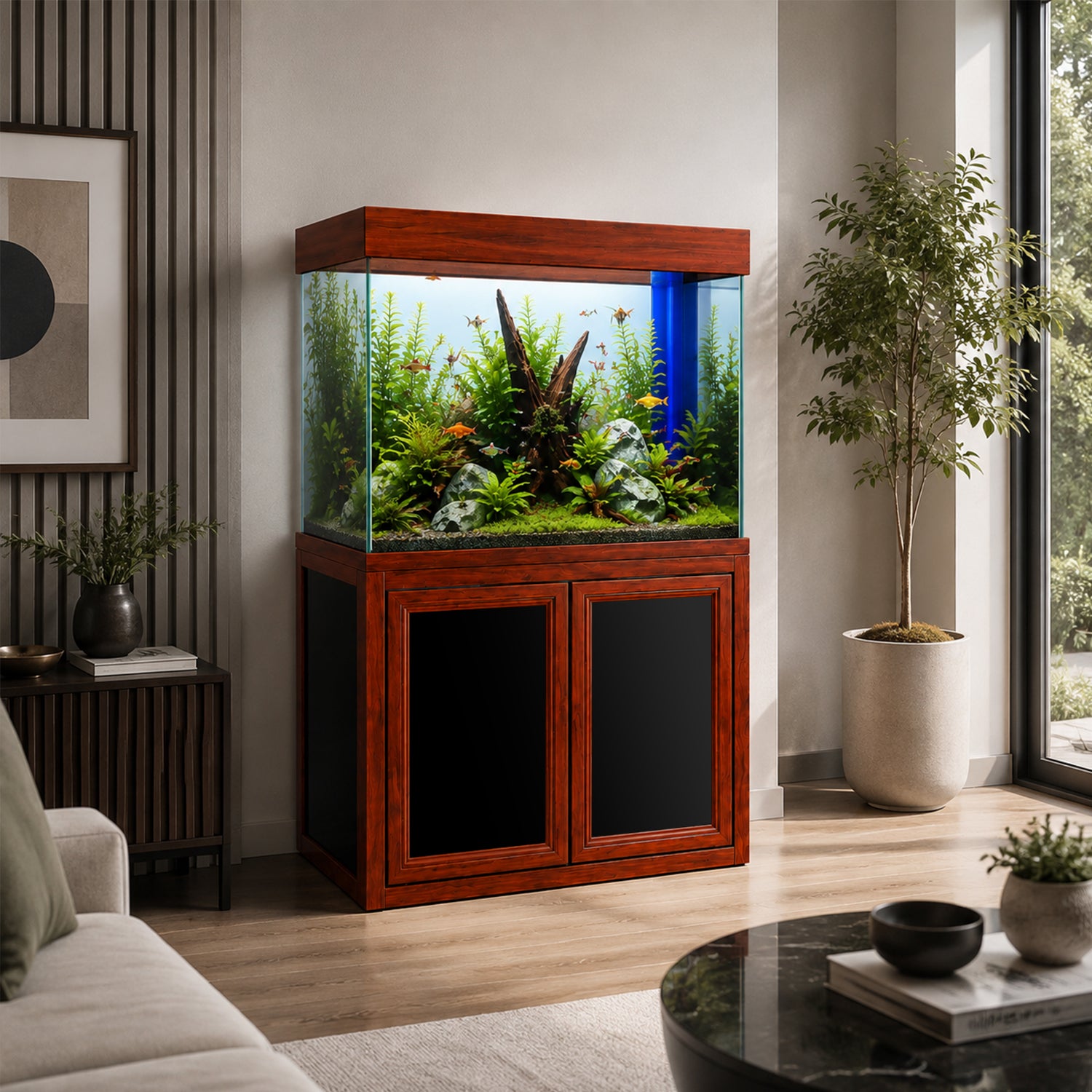 50 Gallon Aquarium with Cabinet Stand | Modern Glass Fish Tank - Redwood