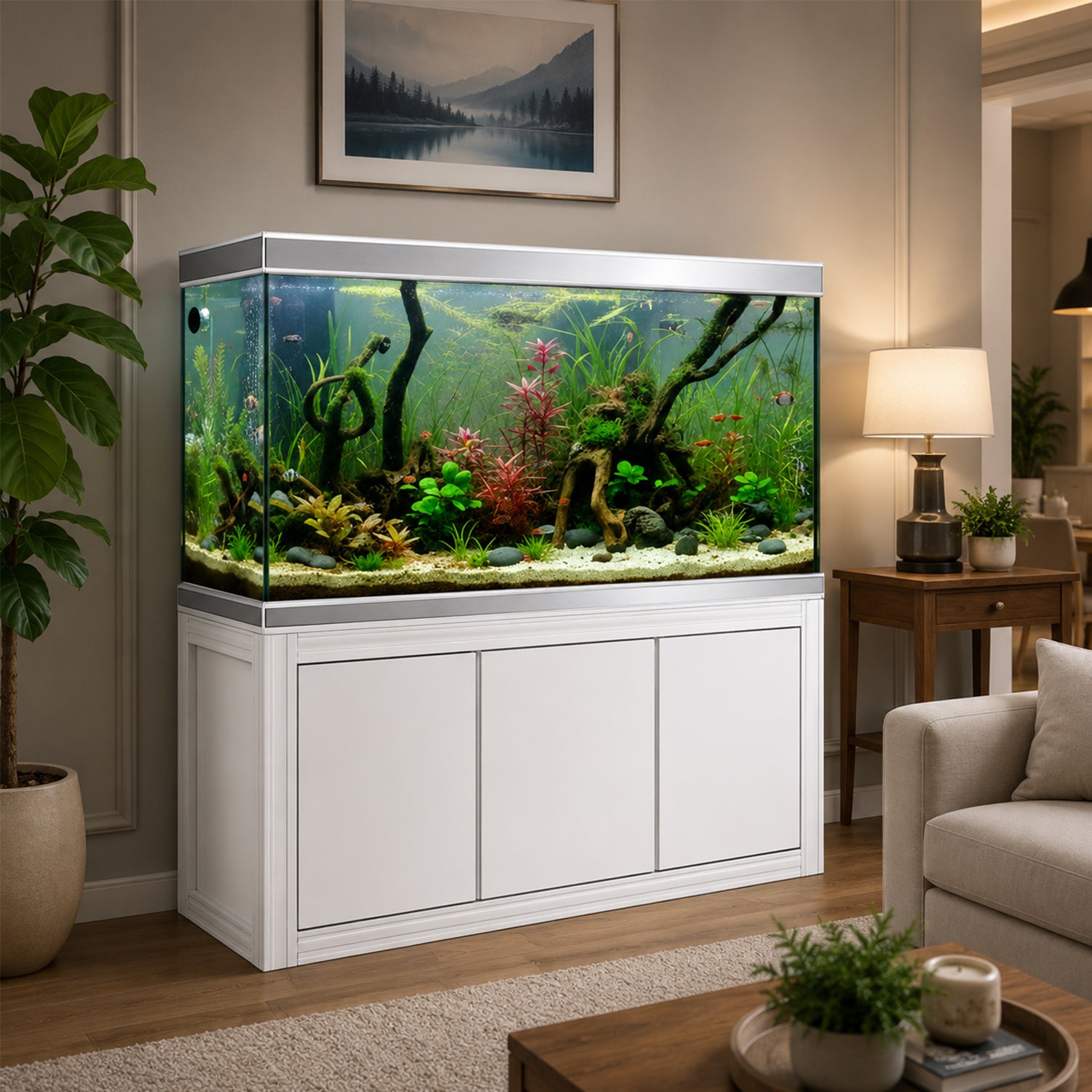 Aqua Dream 145 Gallon Tempered Glass Aquarium White and Silver with Premium Filtration System