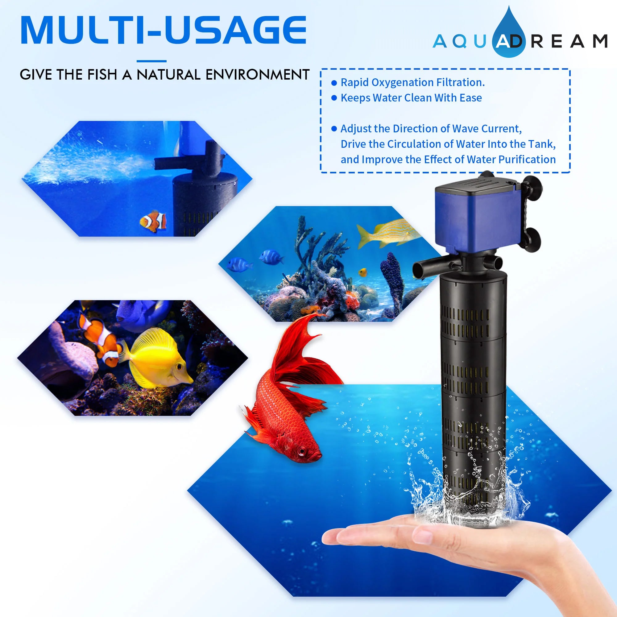Aqua Dream 3In1 Aquarium Internal Filter Water Pump Oxygen 660 GPH