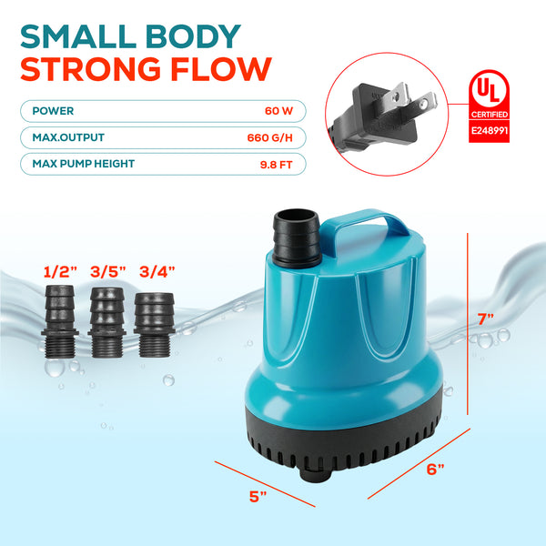 Bomba de agua de succión inferior Aqua Dream de 660 GPH - 60 W, bajo consumo y baja succión