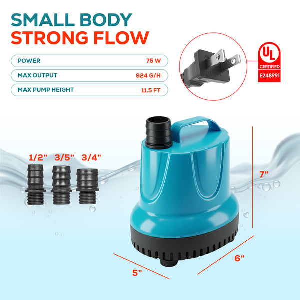 Bomba de agua de succión inferior Aqua Dream de 924 GPH - 75 W, eficiencia energética, baja succión