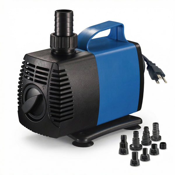 Aqua Dream 1200 GPH amphibious water pump with top outlet, carrying handle, flow dial, suction cups, and hose adapters.