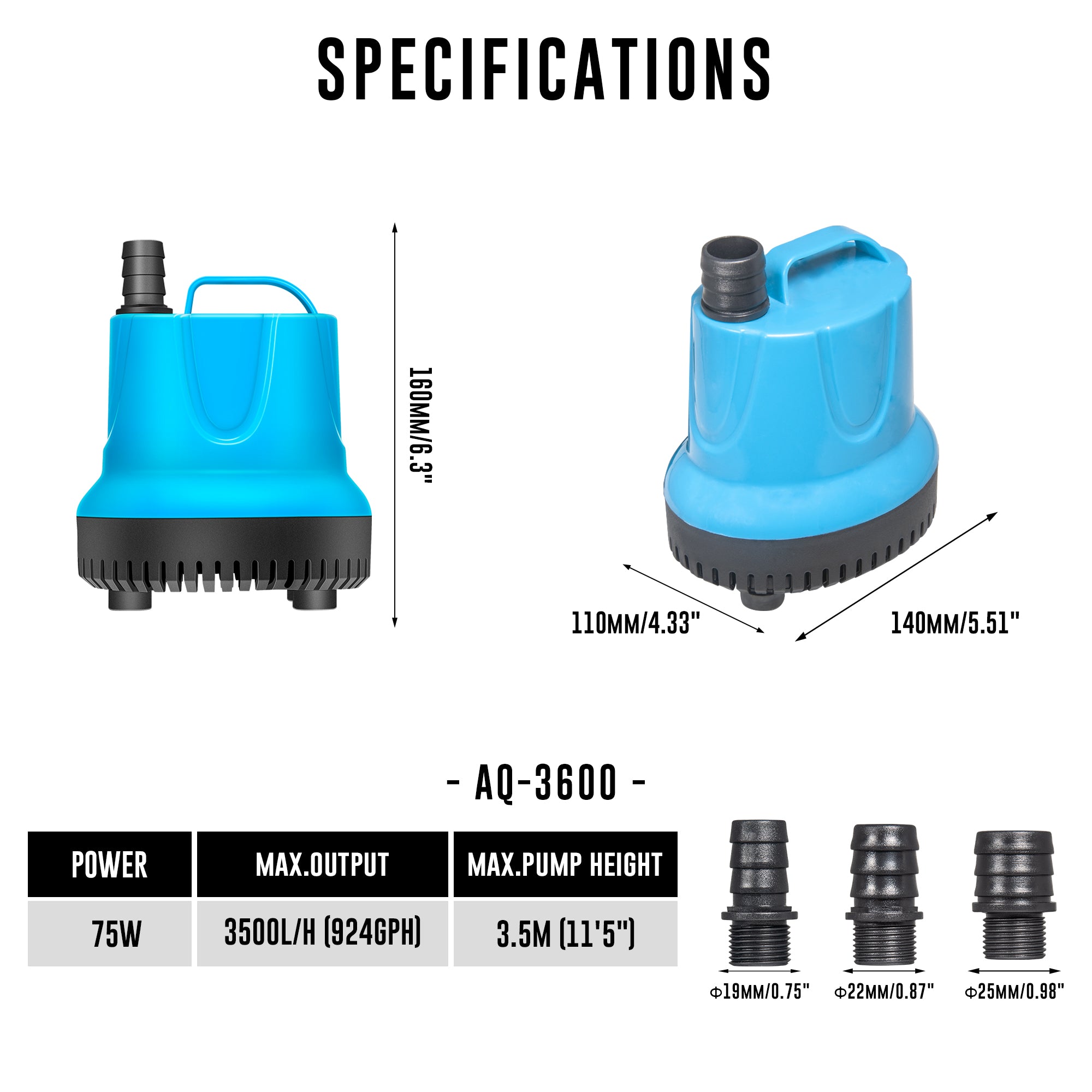 924 GPH Bottom Feed Submersible Water Pump - 75W Energy Efficient, Low-Suction