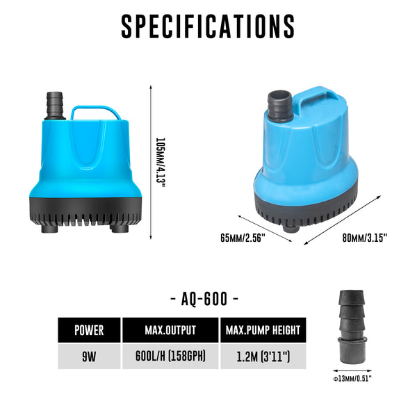 158 GPH Bottom Feed Submersible Water Pump - 9W Energy Efficient, Low-Suction